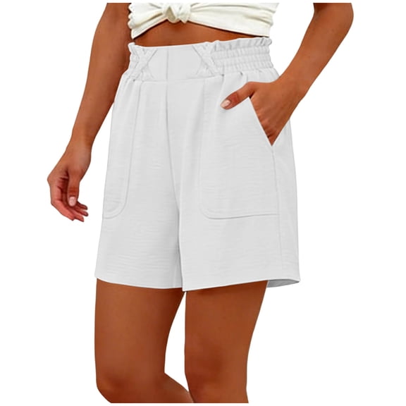 Sevevn Women's High Waist Elastic Waist Casual Shorts Loose Fit Summer Shorts with Pockets White S