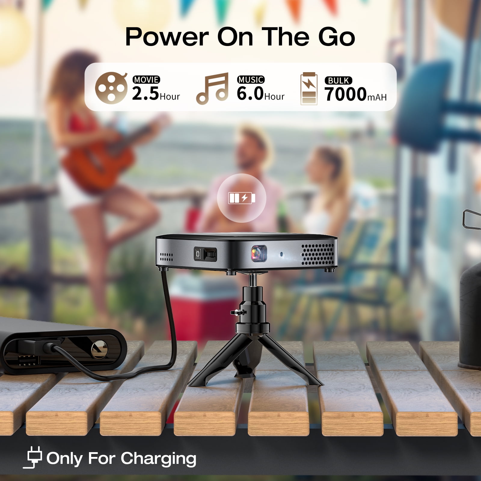 Wireless Projector, Thinnest 0.82" Portable Mini Projector, 7000mAh Built-in Battery for Instant Use, Includes Stand, Home Outdoor Projector with WiFi and Bluetooth, 4K 1080P Supported, Full HD