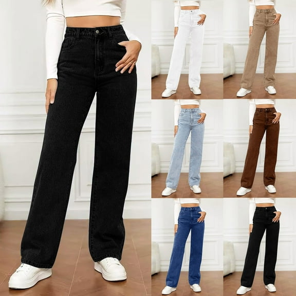 Elvqul Straight Leg Jeans for Women Black Pants Denim High Rise Plus Size Dressy Pockets Ladies Jeans