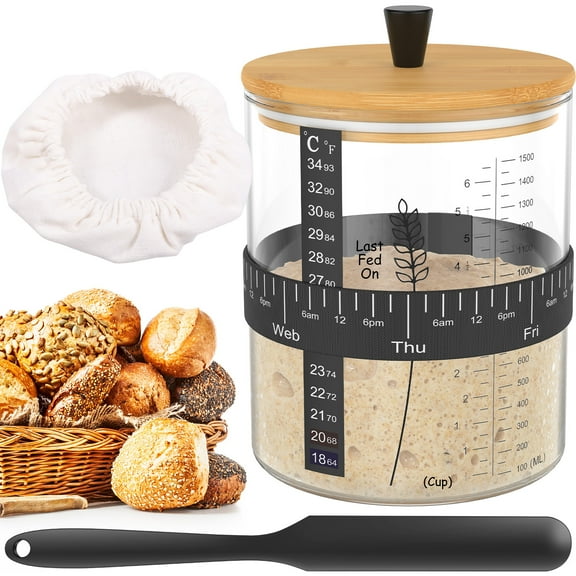 1PC 51oz Borosilicate Glass Sourdough Starter Jar Kit Sourdough Bread Starter Kit with Bamboo Lid Cloth Cover for Fermentation