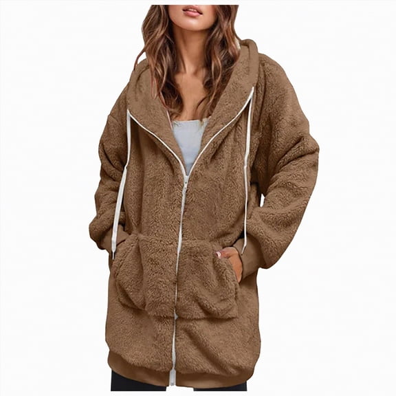 Towmus Long Teddy Fleece Coats for Women Clearance Full Zip Winter Warm Soft Fluffy Long Sleeve Hooded Jackets Casual Loose Overcoat Cardigan Outwear