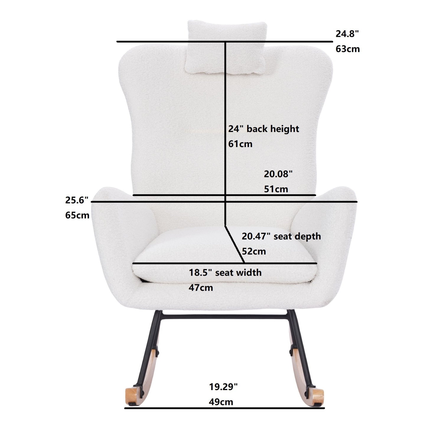 Lisonu Modern Rocking Chair, Upholstered High Back Accent Rocker, Cozy White Teddy Fabric Glider for Living Room or Bedroom, Ergonomic Armchair with Wood Base, White