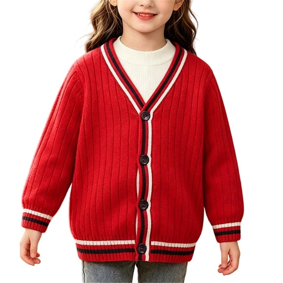 Unisex Kids and Toddlers' V-Neck Cotton Uniform Cardigan Sweaters Soft Striped Trim Cable Knit Sweater Boys School Outerwear