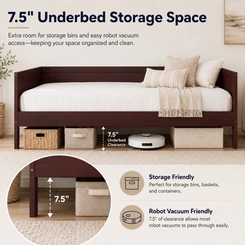 Euroco Wood Full Size Daybed, Sofa Bed with Slats, No Box Spring Needed, Dark Walnut