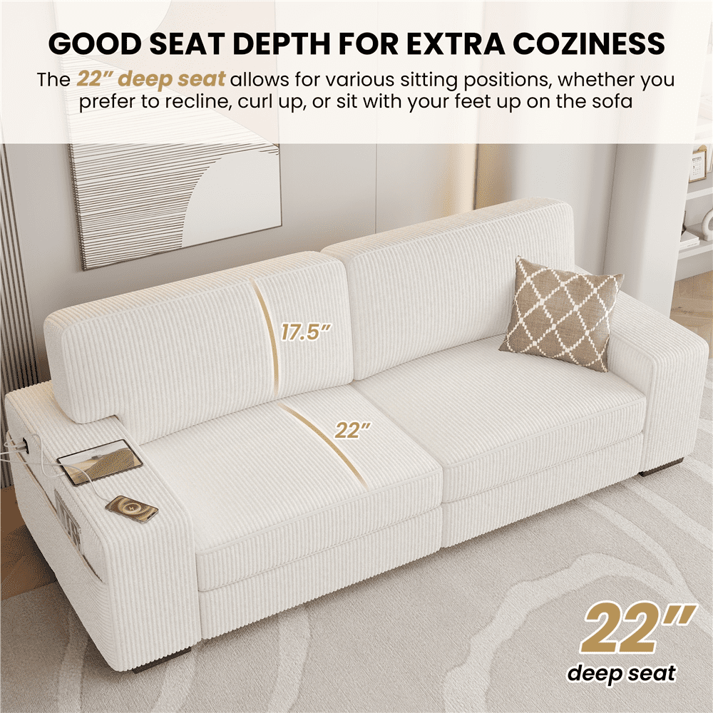 Renwick 83.5'' W 2-Seater Modern Corduroy Fabric Sofa Couch with USB Charging Ports, All Ages, Ivory