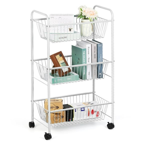 NEX 3-Tier White Rolling Basket Stand Metal Trolley Storage Cart