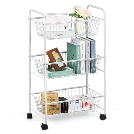 NEX 3-Tier White Rolling Basket Stand Metal Trolley Storage Cart