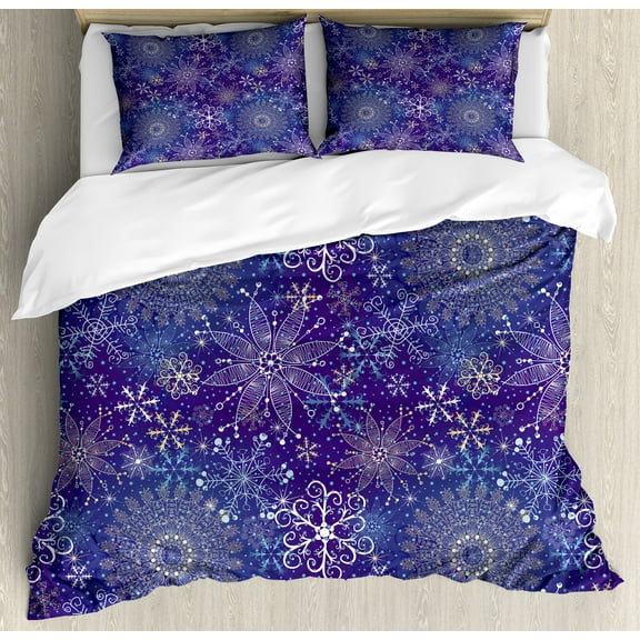 Ambesonne Dark Blue Duvet Cover Set, Snowflakes Xmas Art, Calking, Multicolor