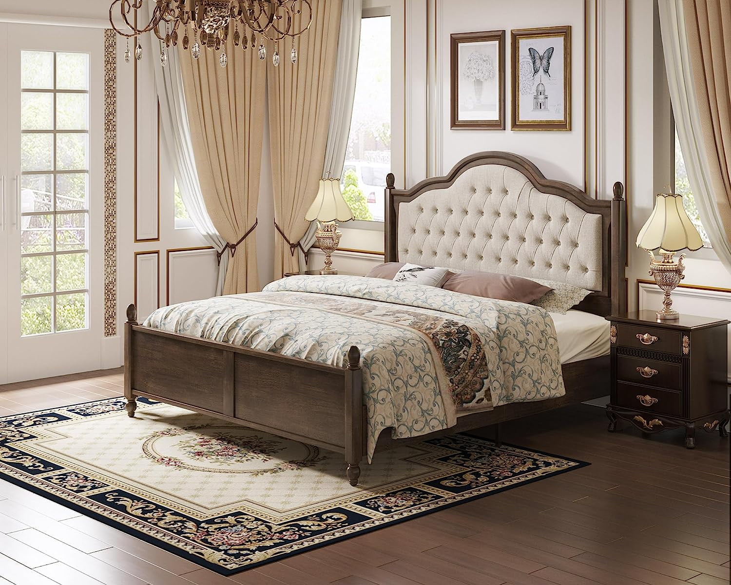 amerlife King Wood Bed Frame with 52.5" Upholstered Headboard, Wood Slat Support, No Box Spring,Walnut