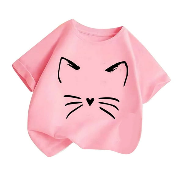 Fshinging Girls Graphic Tees Cute Cartoon Cat Print Short Sleeve Casual Child Tees Size 7-8 Years