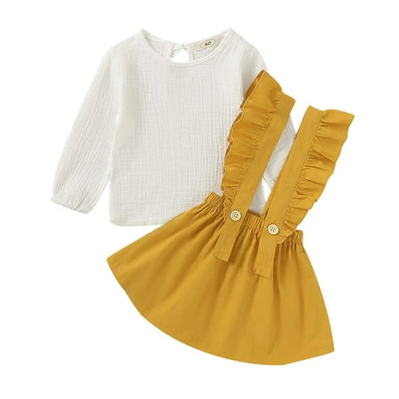 

GRNSHTS Toddler Baby Girl Cotton Linen Long Sleeve Shirt + Ruffled Suspender Skirt Outfits Yellow 5-6T