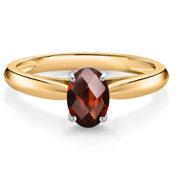 Gem Stone King 10K Yellow Gold Red Garnet Solitaire Engagement Ring for Women (1.00 Cttw, Oval Checkerboard 7X5MM, Gemstone January Birthstone, Size 9)