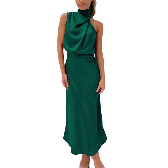 Kcodviy Women's Summer Long formal Long Winter formal Satin Dress Mock Neck Sweaters That Hide Stomach Sleeveless Side Slit Flowy Dinner Dresses for Women Evening Maxi Tank Dresses