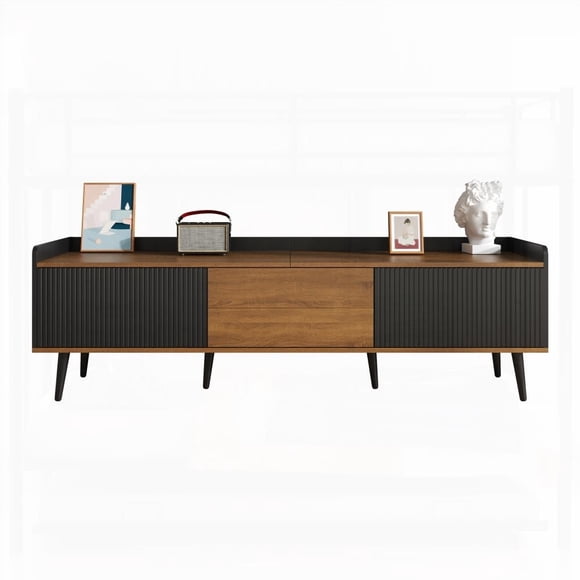 Stylish TV Stand boasting a striped finish and solid wood legs for strong support. It has a spacious interior and is convenient for item placement.