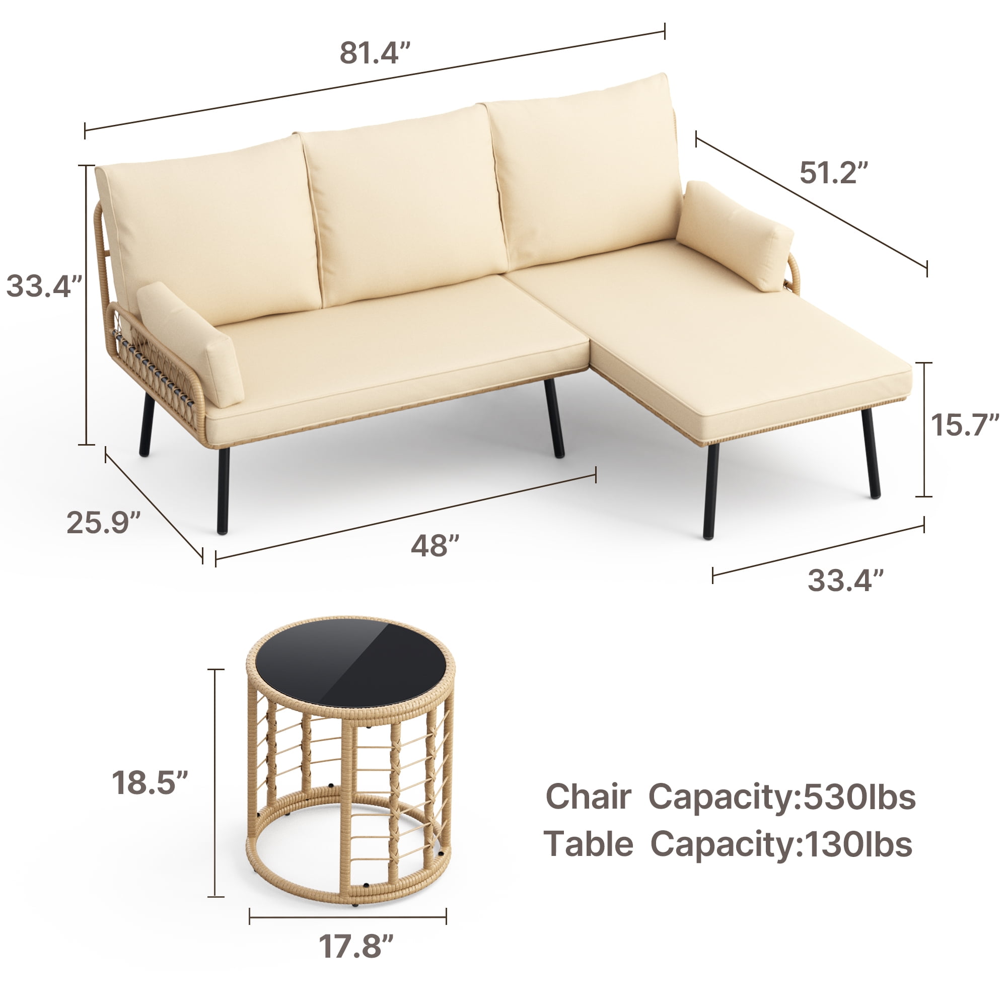 Outdoor Patio Furniture Set, Asofer Wicker Rattan L-Shaped Conversation Sectional Sofa Set with Thick Cushions & Table, Beige