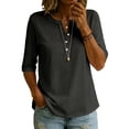 thumbnail image 2 of Women's V Neck 3/4 Sleeve Henley Top, Button Detail Casual Loose Tunic Blouse, Solid Color Elbow Sleeve Shirt for Daily Office Casual Wear 01-Black XXL, 2 of 5