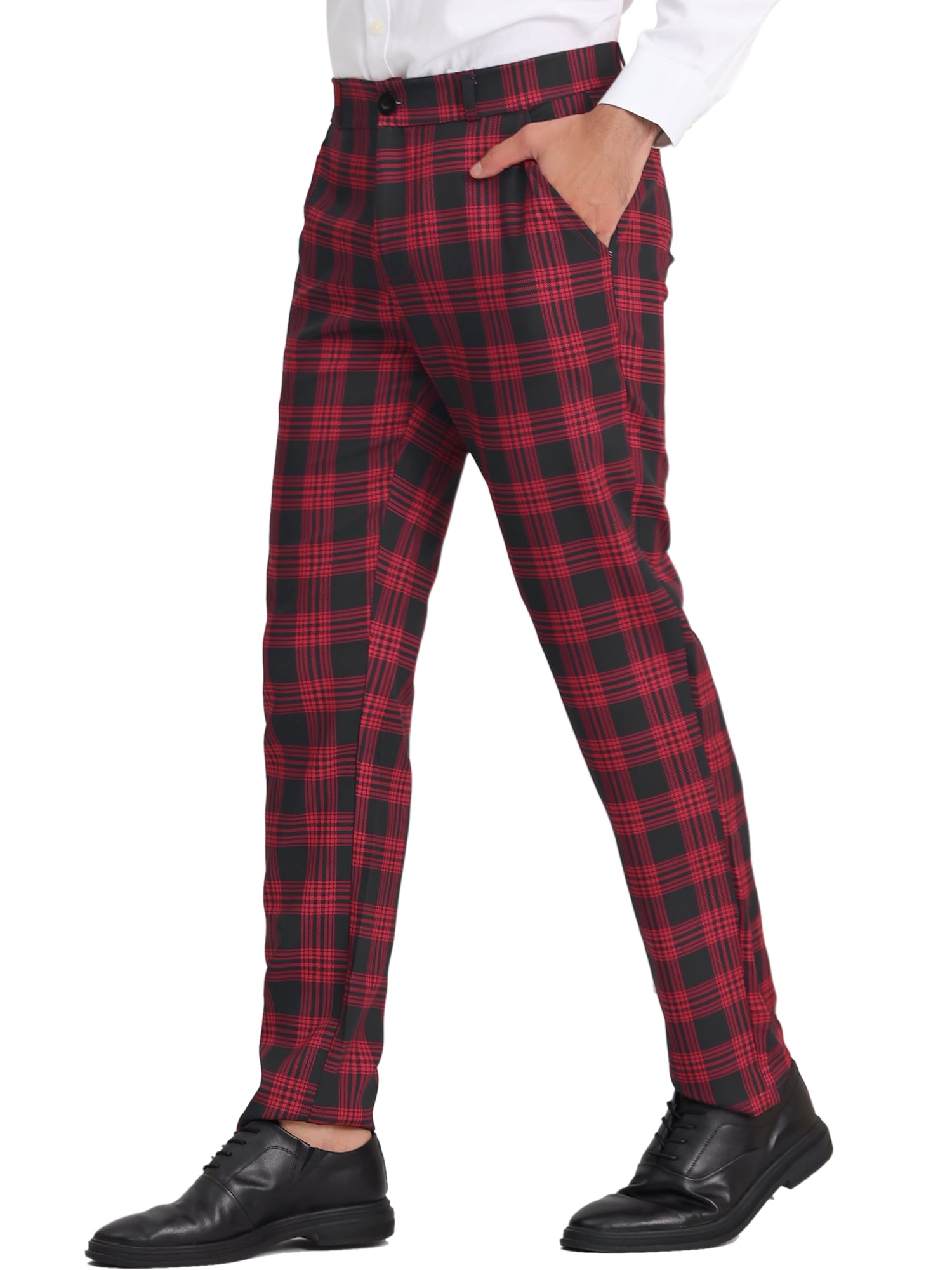 Unique Bargains Men's Business Plaid Lightweight Regular Fit Flat Front Checked Pants 38 Black Red