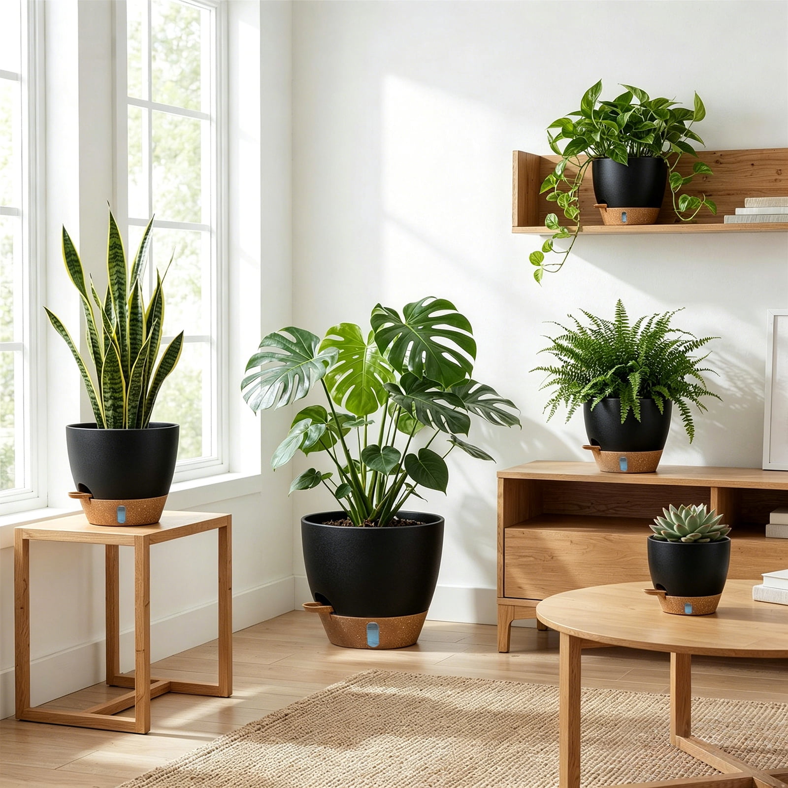 FIASON 5 Pack Plastic 6/8/9/10/12 Inch Black with Brown Self Watering Plant Pots,Include Watering Lip, Drainage Holes & Removable Saucer for Indoor Outdoor Garden House Plants