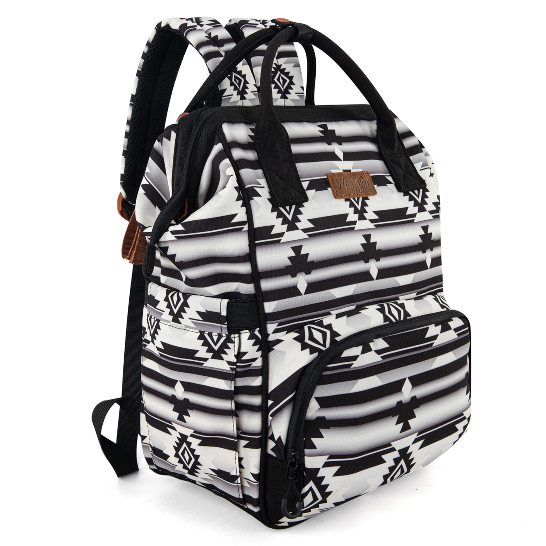 Wrangler Aztec Travel Backpack Baby Bag for Women with Stroller Strap and Side Bottle Pockets Organized Diaper Bag, Black