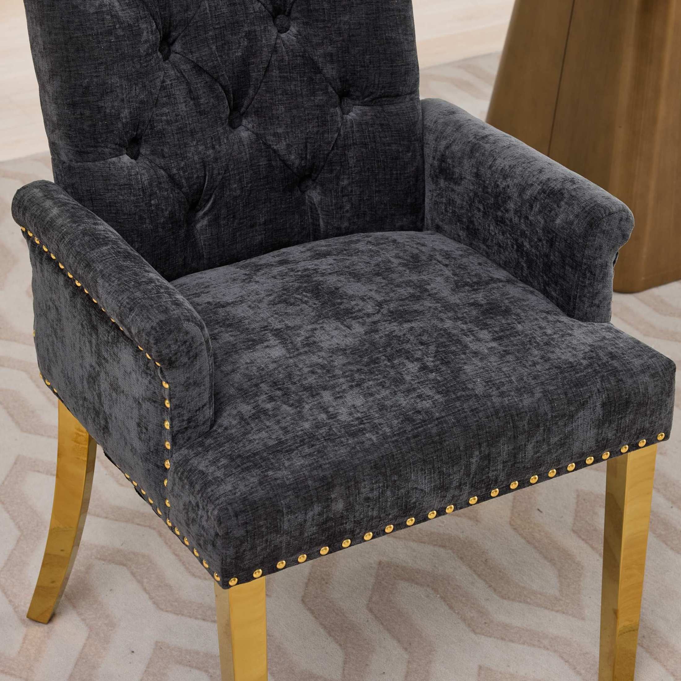 GDF Studio Upholstered Dining Chair with Button-Tufted Back, Nailhead Trim, Stainless Steel Legs, Black