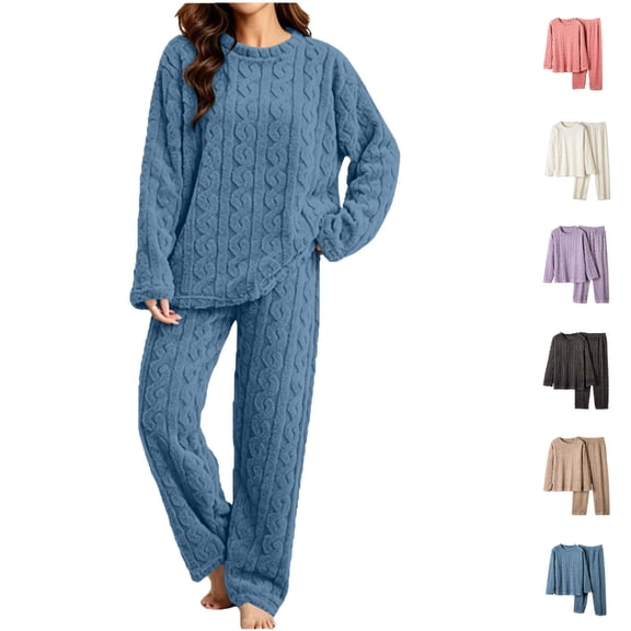 Nugftut Pajama Sets for Women Soft Comfy Fluffy Pajamas Fleece Pullover Ribbed Pjs Warm Plush Lounge Sleepwear 2 Piece