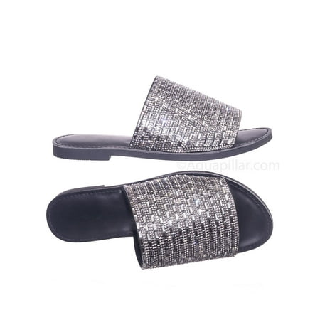 Newly by Soda, Rhinestone Crystal Slide-On Slipper - Women Embellished Flat Mule Sandal