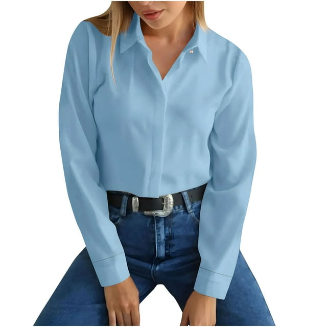 JMKQLZ Women's New Solid Color Long Sleeved Lapel Shirt With Hidden Buttons