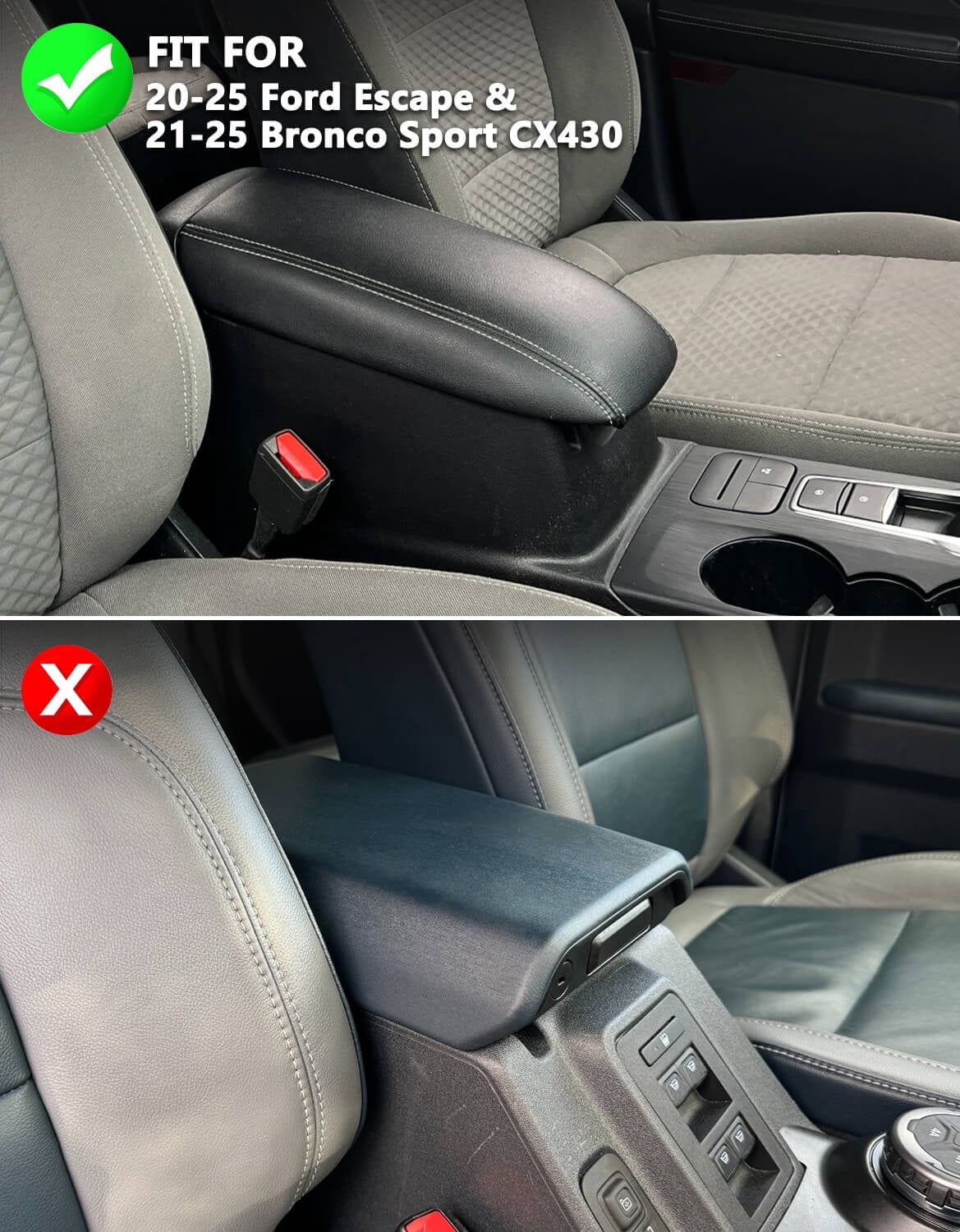 KBH Center Console Armrest Cover for 2021-2026 Ford Bronco Sport/2020-2026 Ford Escape Accessories, Leather Middle Console Cover Cushion Pad for Car Interior, Black