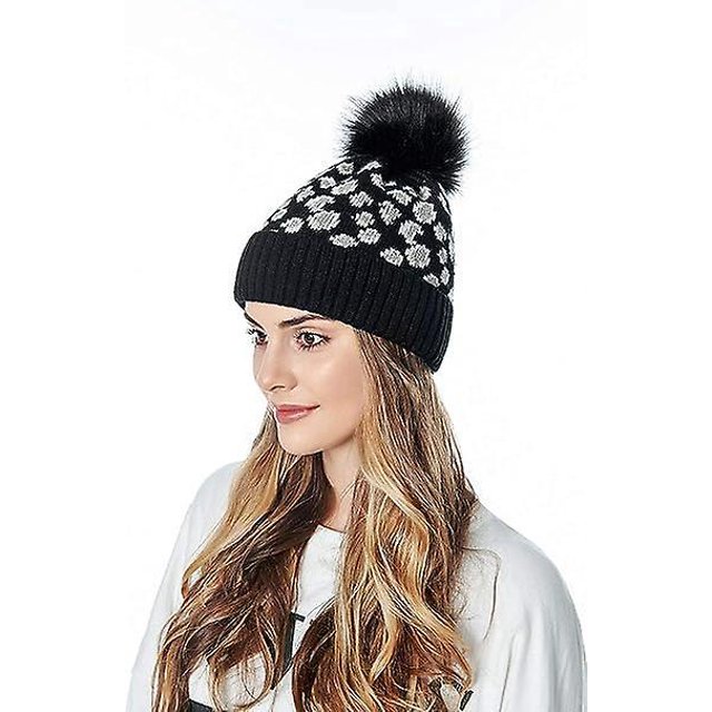 noir Bonnet Tricot D'hiver Pour Femmes Casquettes Bonnets Et Chapeaux Bonnet En Crochet Lopard Bonnet De Ski Avec Pompon