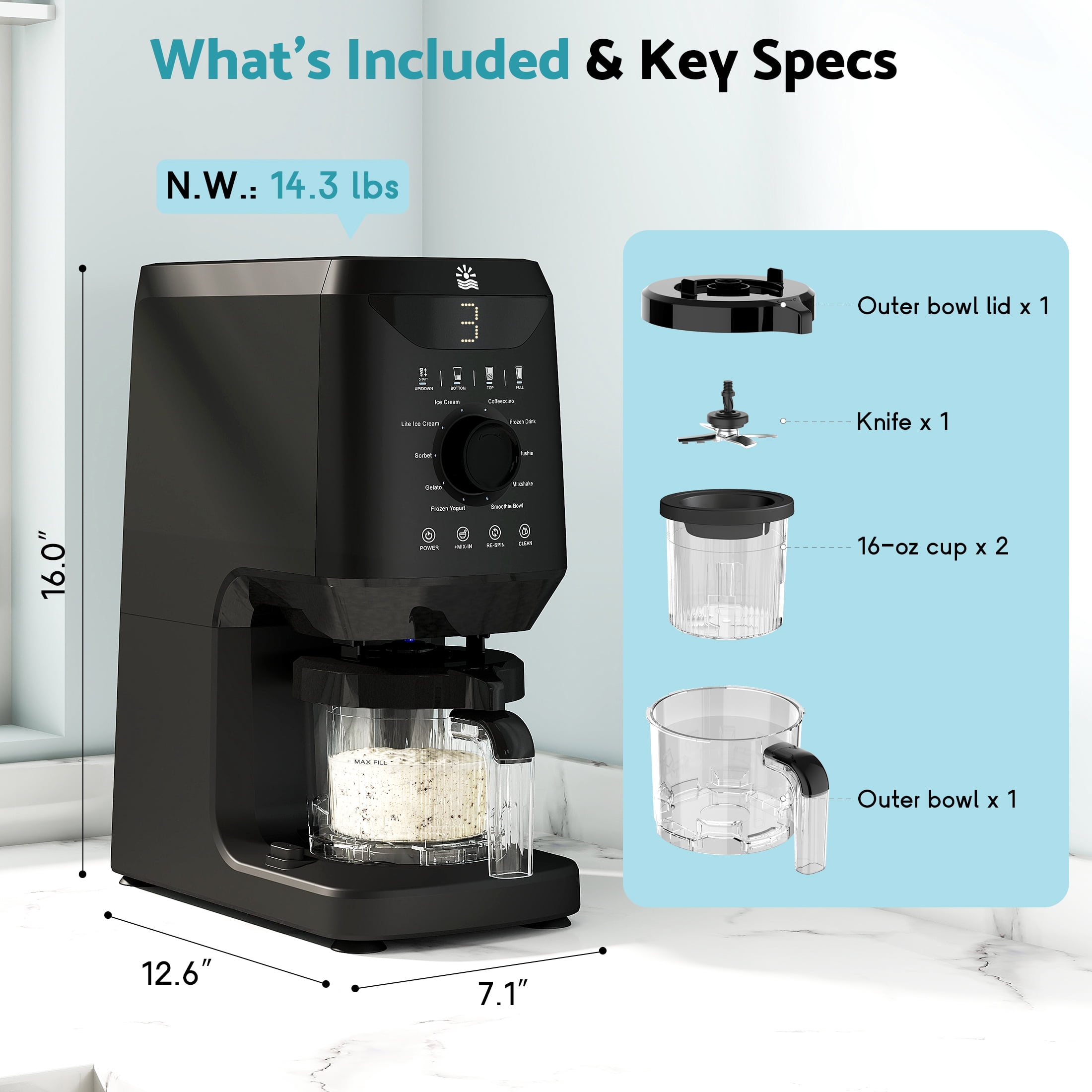 Flamemore 12-in-1 Ice Cream Maker with (2) Pint Containers &Lids, Self Cleaning, 1500W Frozen Yogurt Machine for Milkshake, Sorbet, Black