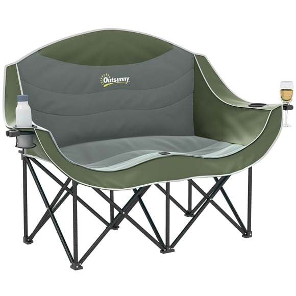 Outsunny Chaise de Camping Double, Chaise de Camp Rembourrée avec Porte-Gobelets, Vert Foncé