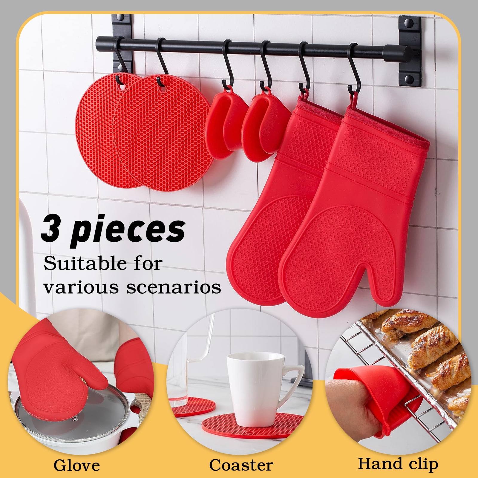12Pcs Kitchen Oven Mitts and Pot Holders Sets , Extra Long Silicone Oven Gloves Heat Resistant 500 Degrees Non-Slip Potholders Hot Pads for Baking Cooking, Red