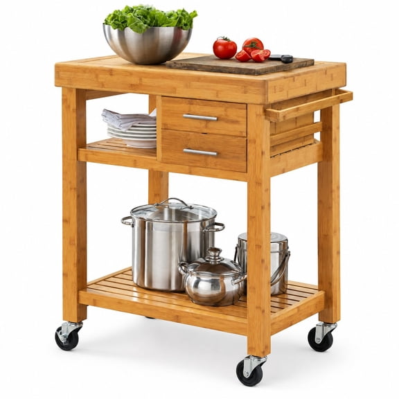 Mobile Kitchen Island Cart with Drawers and Shelves, Towel Rack, Locking Casters, Butcher Block Food Prep Table, Bamboo Wood