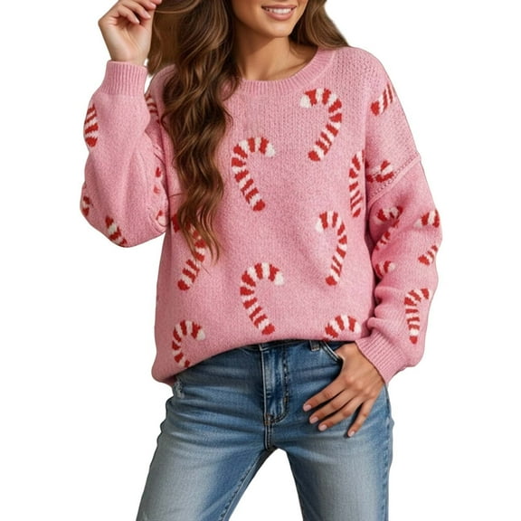 Women's Christmas Sweater Funny Merry Xmas Candy Cane Print Long Sleeve Knit Tops 2025 Holiday Casual Crewneck Pullover Shirts