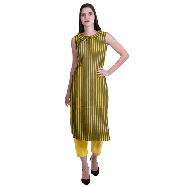 Moomaya Kurta Sans Manches avec Col Claudine et Pantalon Ensemble de Costume Ethnique 2 Pcs pour Femmes