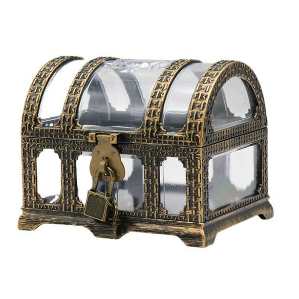Cofre del tesoro pirata transparente con cerradura y llave. Caja del tesoro de juguete para piratas. C