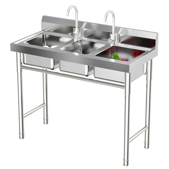 YIYIBYUS 3 Compartment Kitchen Sink Freestanding 304 Stainless Steel Utility Sink with 2 Faucets for Garages, Laundry Rooms, Basements, Terraces, Bars