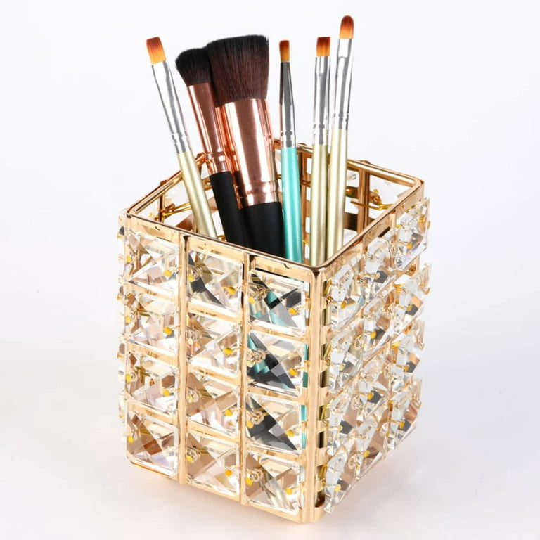 Funtygy Acrylic Makeup Brush Holder Organizer, Clear Pencil Pen Holder, Crystal Cosmetics Brushes Cup Storage Solution, Round