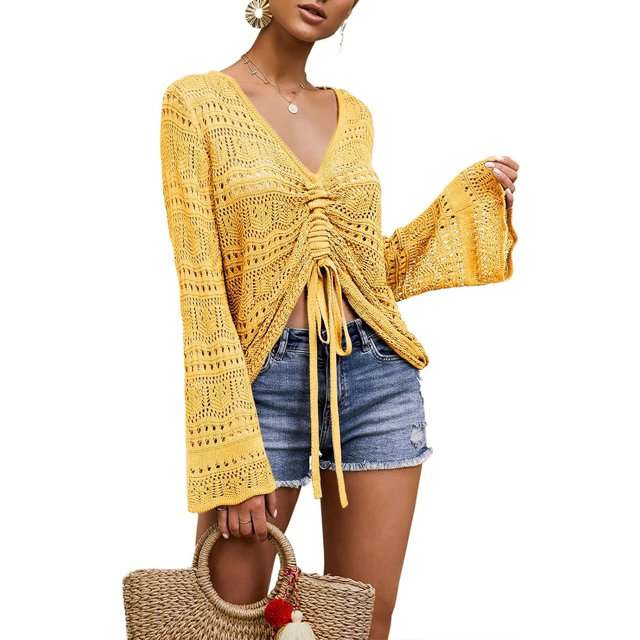 XINQIHANG Womens Boho Off Shoulder Sheer Crop Tops Bell Sleeve Flowy Oversized Crochet Ruched Pullover Sweaters