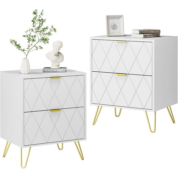 Anbuy White Nightstand Set of 2, End Side Table Double, Bedside Table with 2 Drawers, Dual Night Stand Metal Gold Legs for Bedroom Living Room