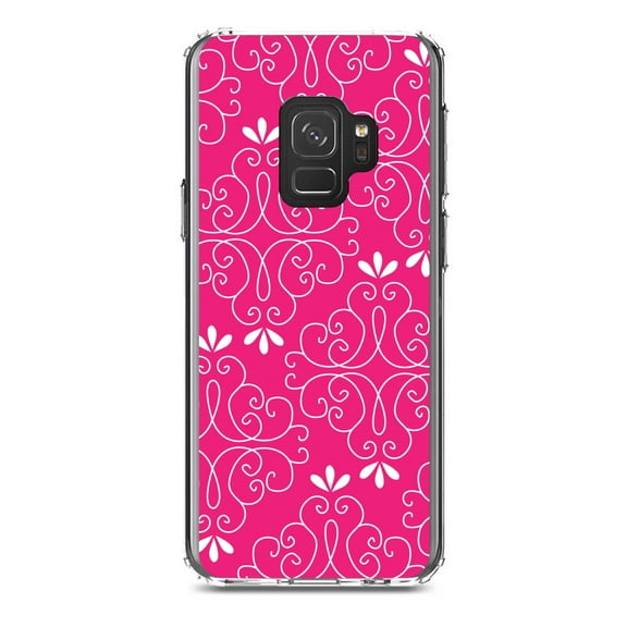DistinctInk Clear Shockproof Hybrid Case for Samsung Galaxy S9 (5.8" Screen) - TPU Bumper, Acrylic Back, Tempered Glass Screen Protector - Neon Pink White Floral