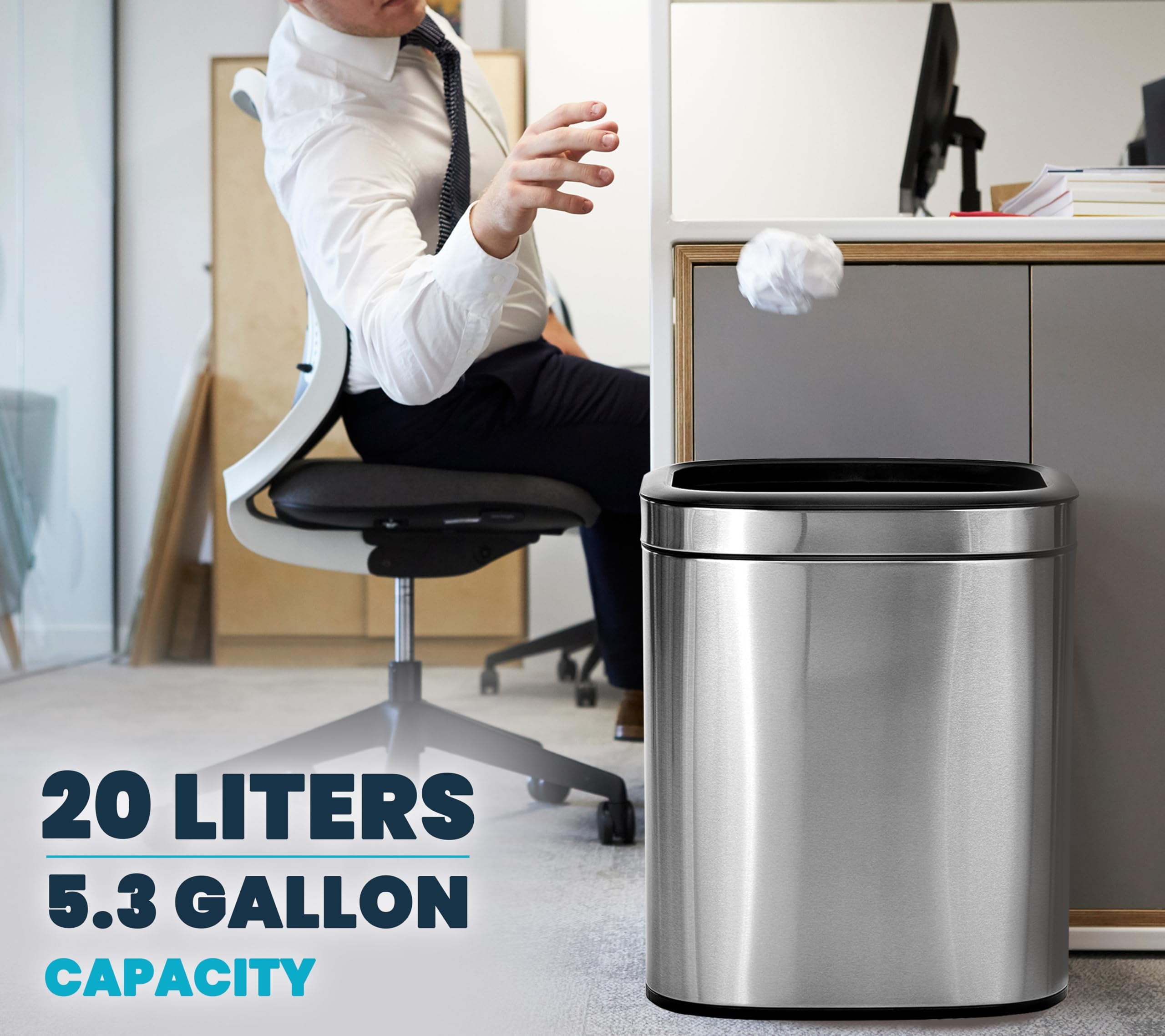 Alpine 20 Liter /5 Gallon Trash Can Open Top - SS Trash Can No Lid, Modern Silver Metal WasteBasket, Narrow Trash Can with Removable Trash Bin for Office Desk, Kitchen, Bathroom