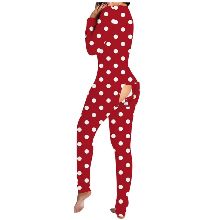 purcolt Womens Sexy Print Onesies Butt Flap Pajamas Ladies Deep V Neck Long  Sleeve Button-down Front Functional Jumpsuit Sleepwear Autumn Winter Plus  Size Rompers Nightwear Bodycon Bodysuits(Red,M) 