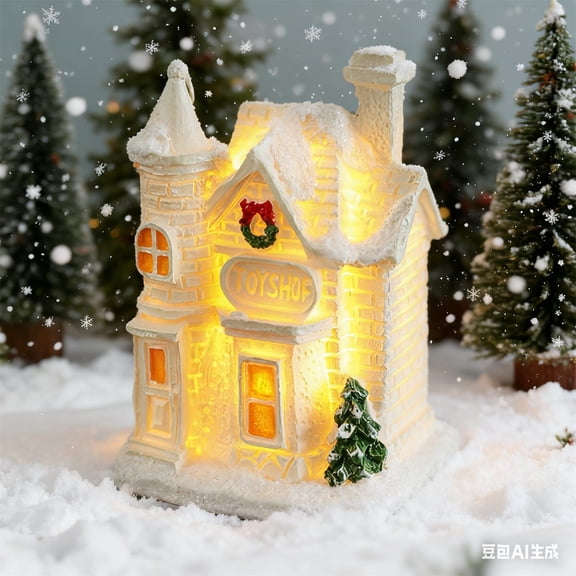 Christmas Houses Resin Ornaments Desktop Decoration Lighted Christmas Houses 2025 Cottage Town Tiny Figurine With LED Light Winter Village Ornament For Xmas Scene