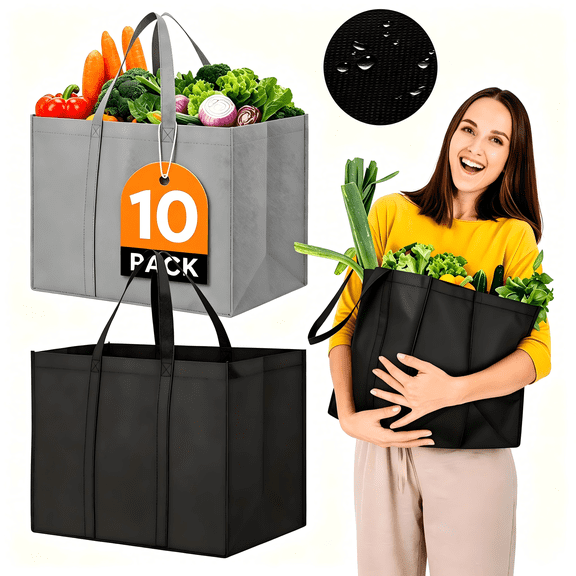 Reusable Grocery Shopping Bags 10 Pack Large Foldable Tote Bags Bulk, Eco Produce Bags with Long Handle for Shopping Groceries Clothes (Grey&Black)