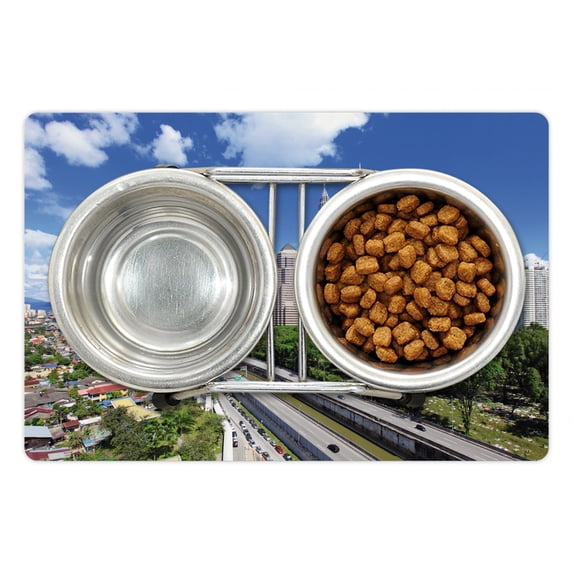 City Pet Mat for Food and Water, Kuala Lumpur Skyline in a Clear Day Financial District Highway Skyscrapers, Non-Slip Rubber Mat for Dogs and Cats, 18" X 12", by Ambesonne