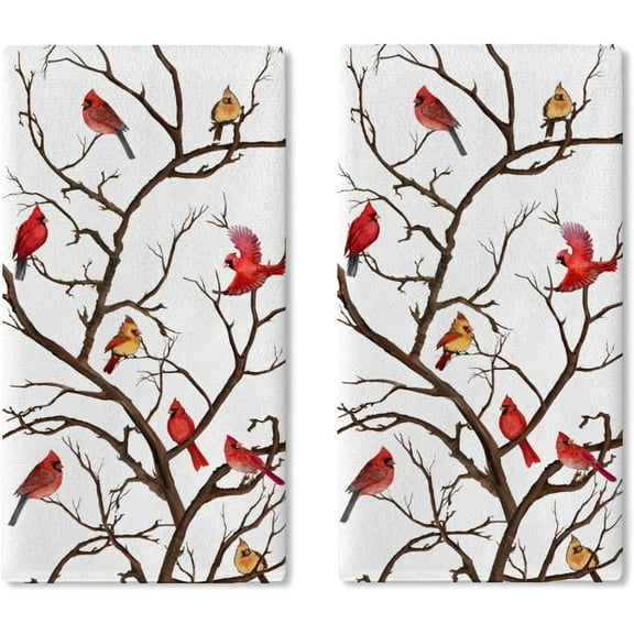Winter Cardinal Kitchen Dish Towels Set of 2, Red Birds Branches Drying Hand Towel Baking Cooking Cloth, Farmhouse Christmas Bathroom Home Decoration 18'' x 26''