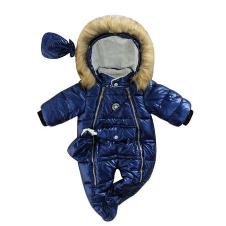 

Canrulo Baby Winter Footed Jumpsuit Glossy Hooded Long Sleeves Romper with Gloves for Toddler Girls Boys Dark Blue 6-9 Months
