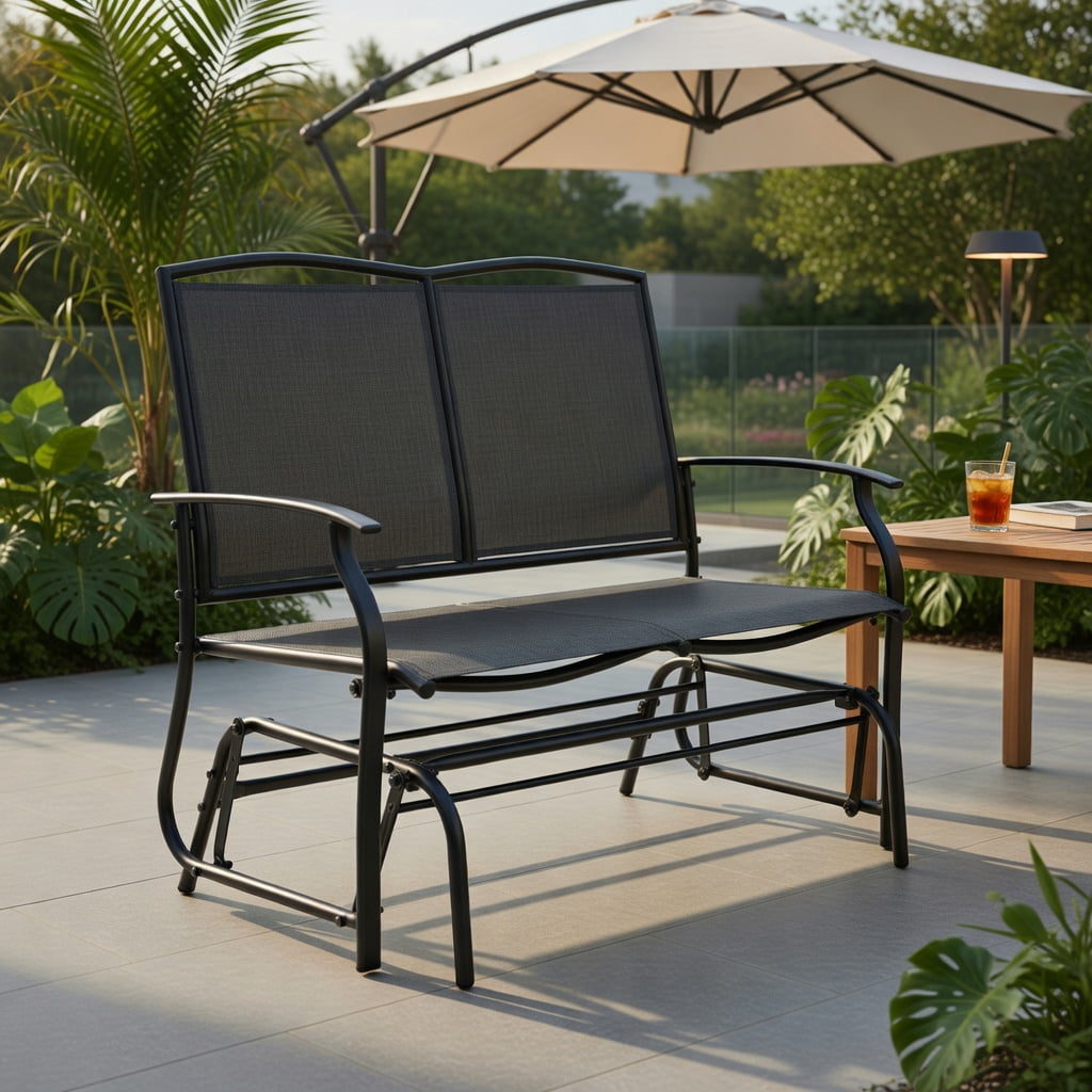 Hommoo Heavy-Duty Steel Outdoor Rocking Loveseat Chair, Textilene Patio Rocker for Backyard, Lawn, Deck or Indoor Use, Black