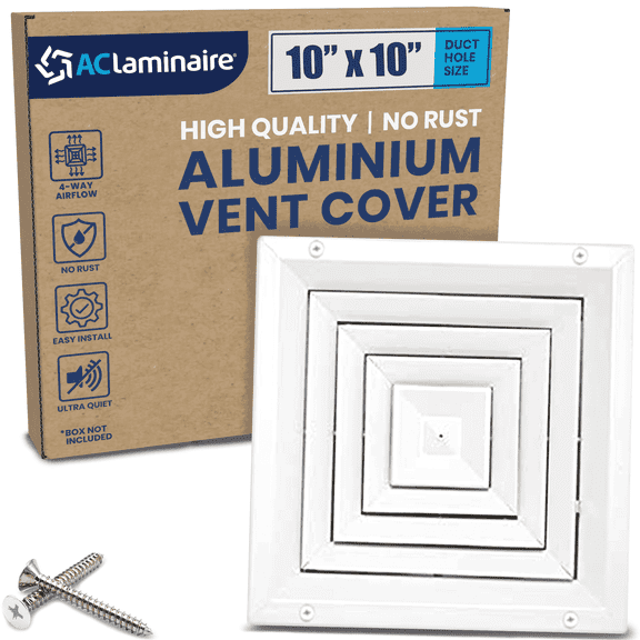 Duct Vent Cover. Air Supply HVAC Square Ceiling Diffuser with Opposing Blades Damper. 4 Way Extruded Aluminum Fixed Core. Low Noise. (10x10)